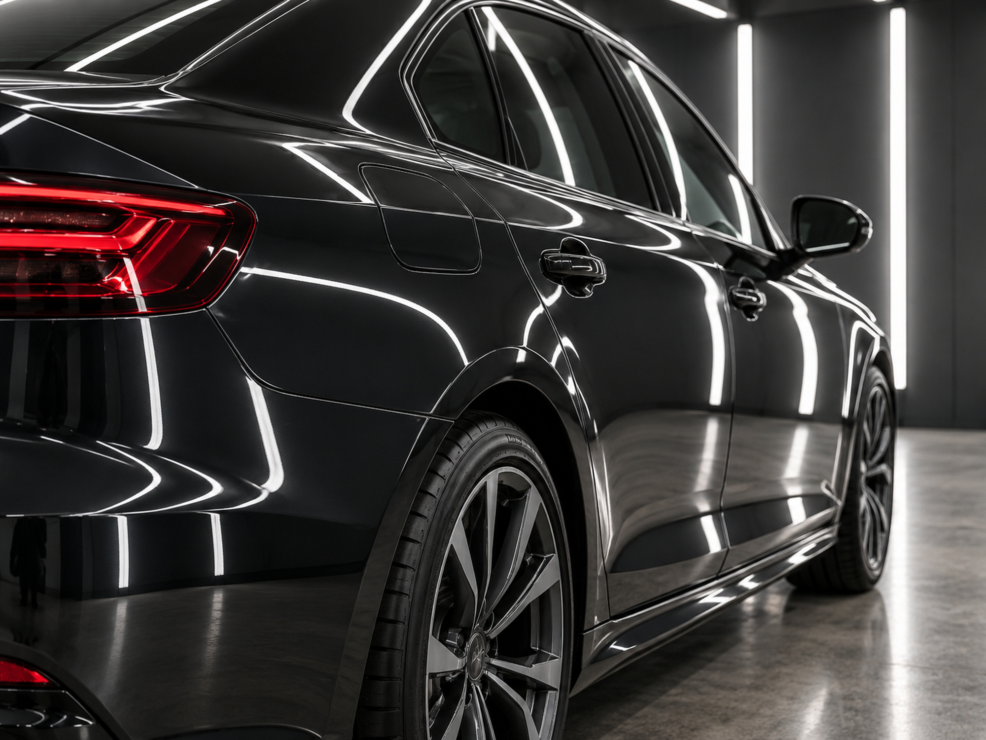 reflets de néons linéaires sur une carrosserie lustrée